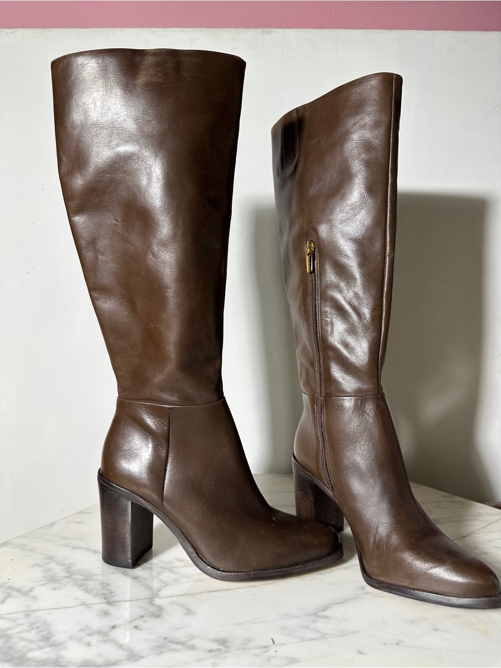 Y2K style Vince Camuto Brown Leather Knee-High Block Heel Boots
